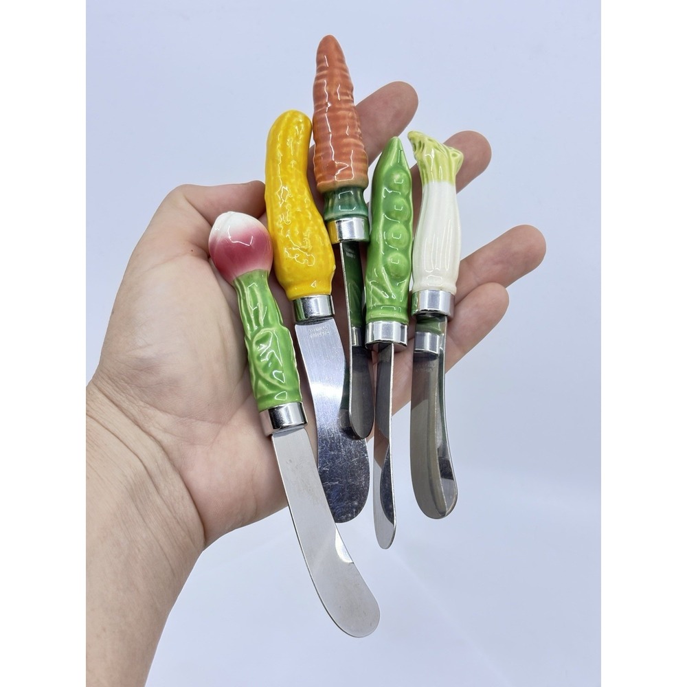 Vtg Butter Cheese Spreader Knives Stainless Steel Ceramic Vegetable Handle